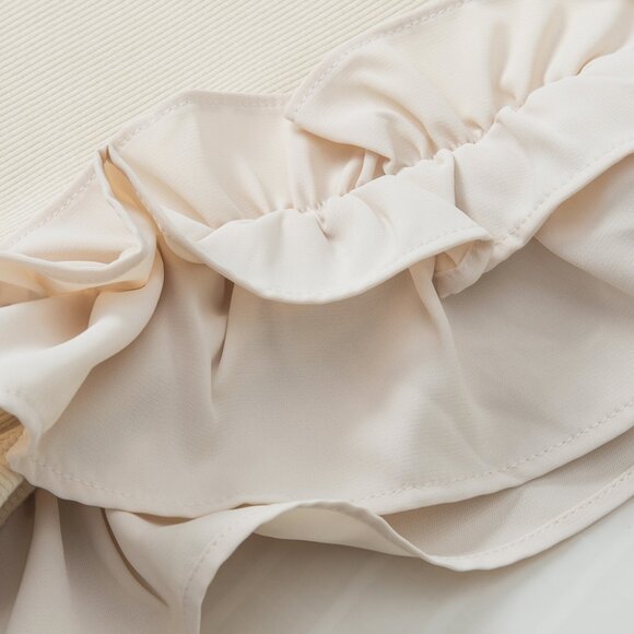 Beige Ruffle Flutter Sleeve High Neck Ribbed Blouse - Picture 4 of 4